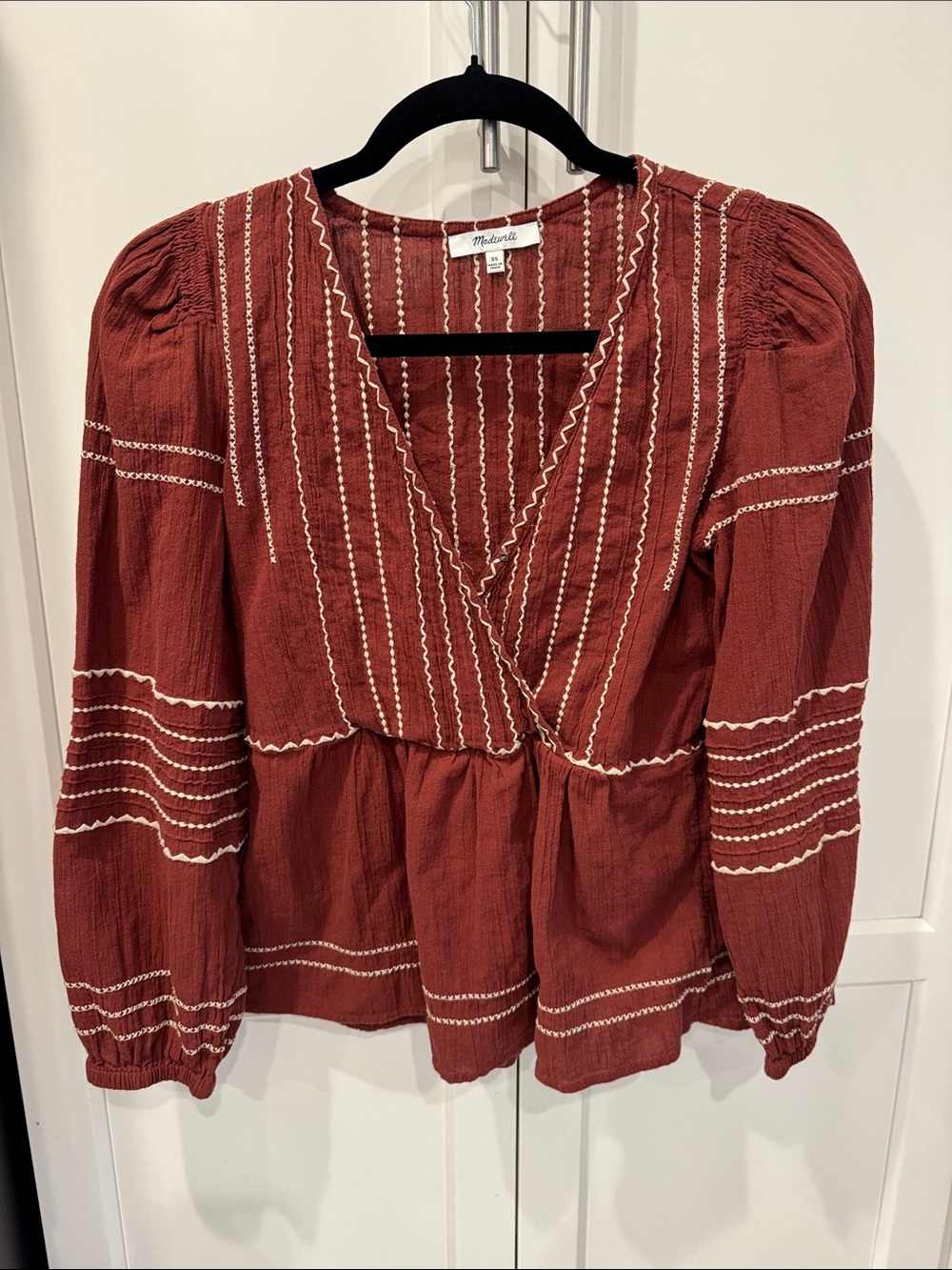 Madewell Rust Red Embroidered V-Neck Peasant Blouse